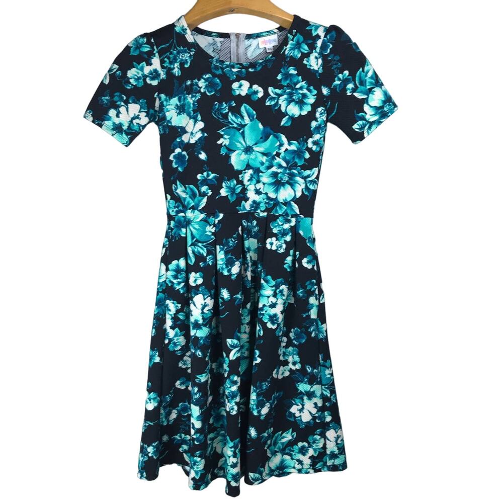 LuLaRoe Fit and Flare Dress floral black green Short-Sleeves Pockets Size XS
